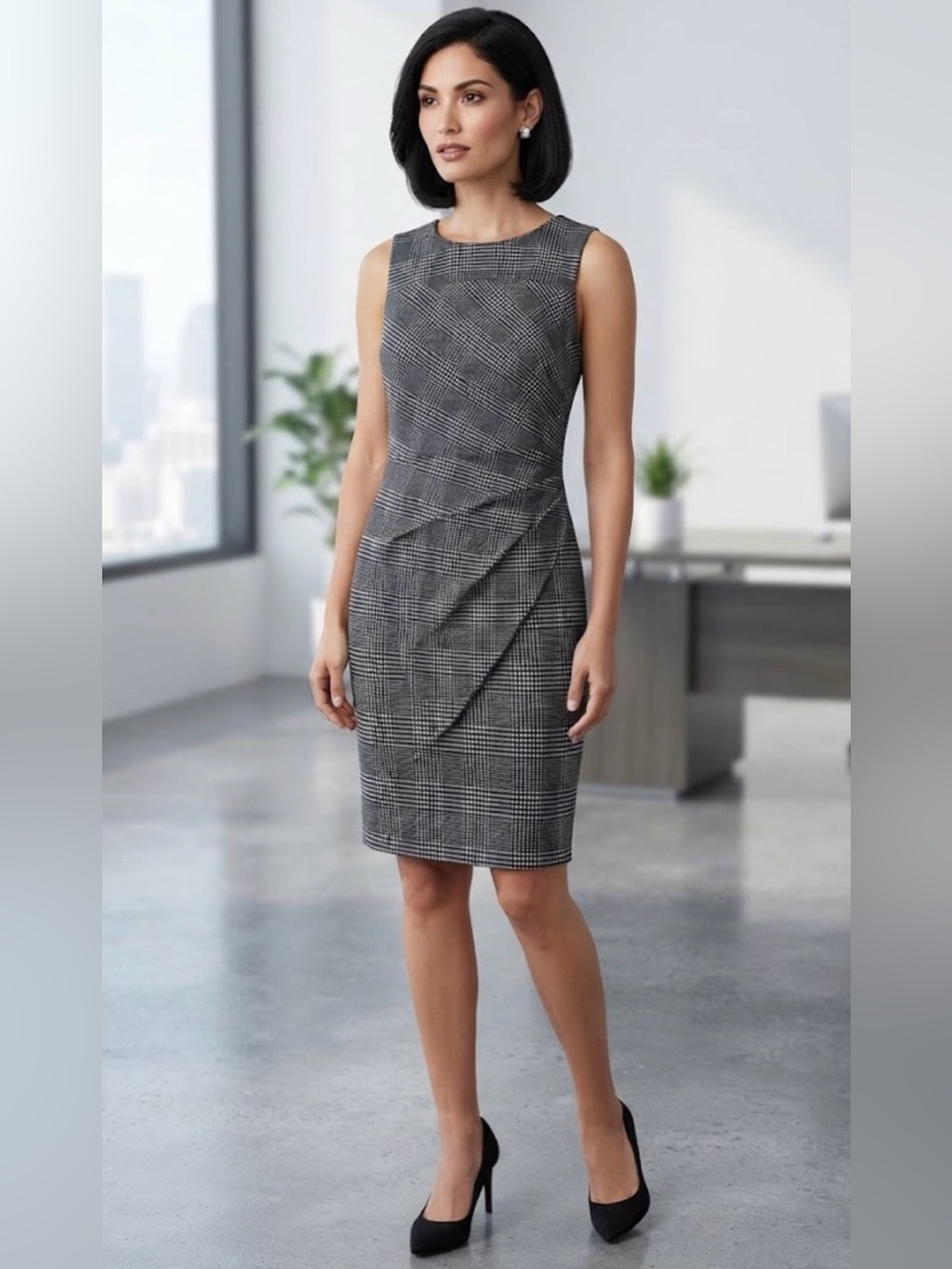 Calvin Klein Black White Houndstooth Plaid Sheath Dress Size 2 Business Casual